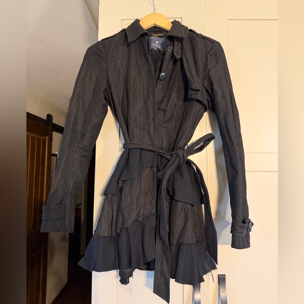 Gryphon black ruffled trench coat, has a slight distressed look to it, size M